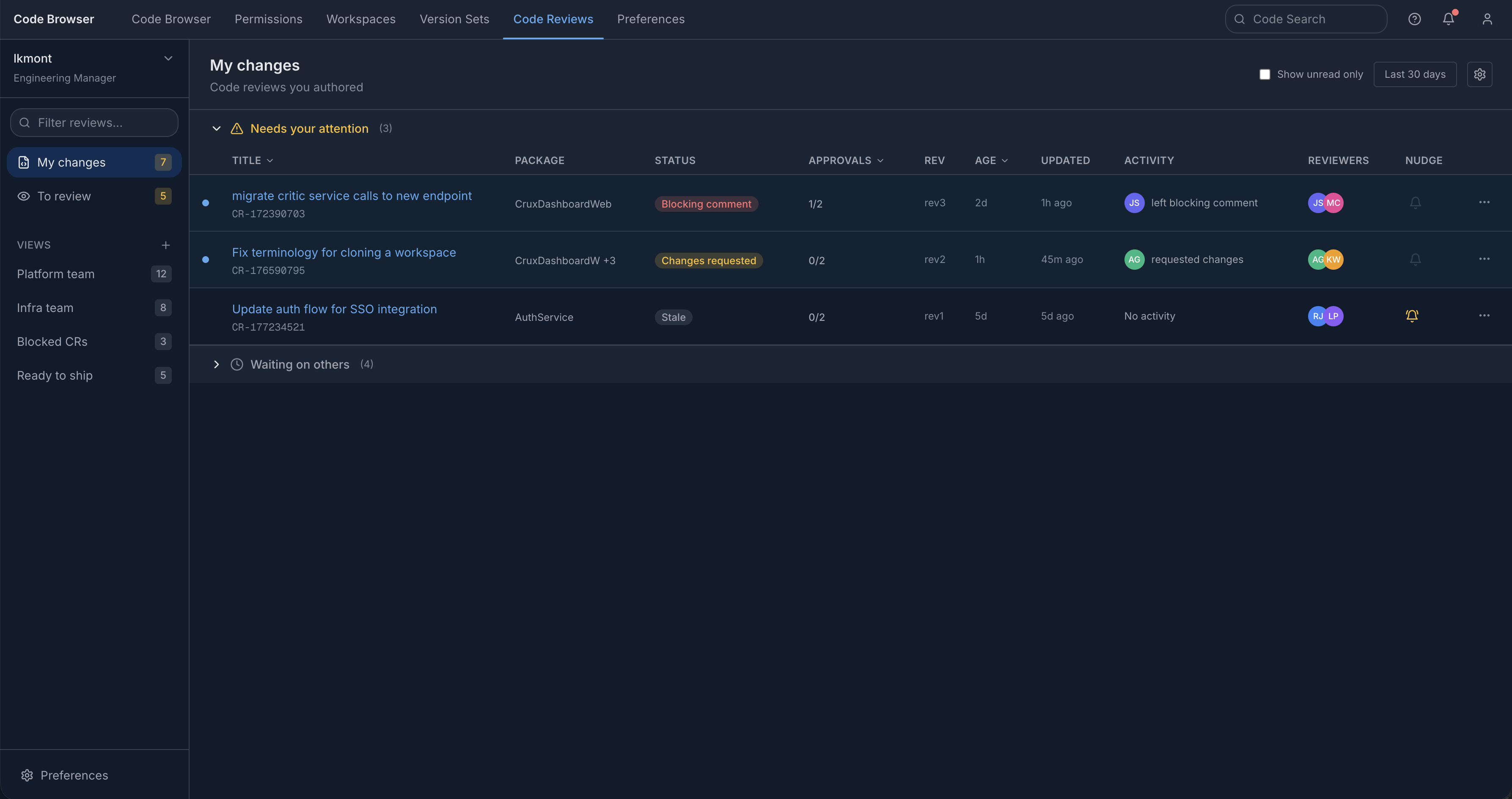 My Changes view showing Needs your attention and Waiting on others sections with status badges, approval progress, activity feed, and nudge controls