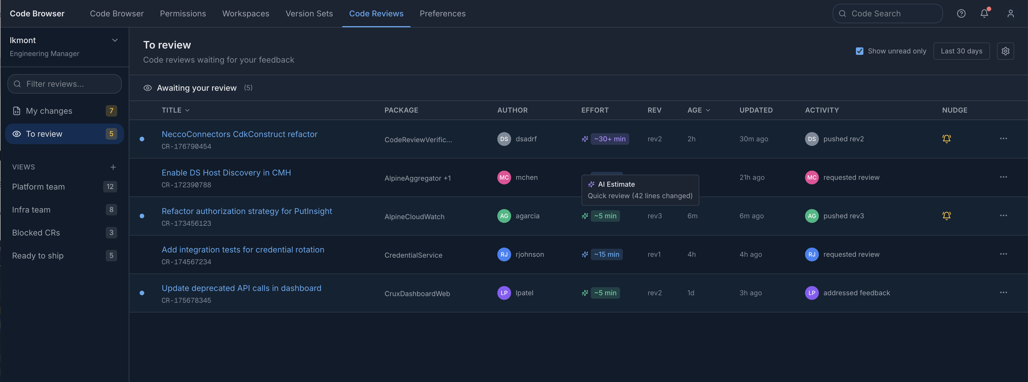 To Review view showing AI-estimated effort badges, author avatars, activity feed, and nudge indicators
