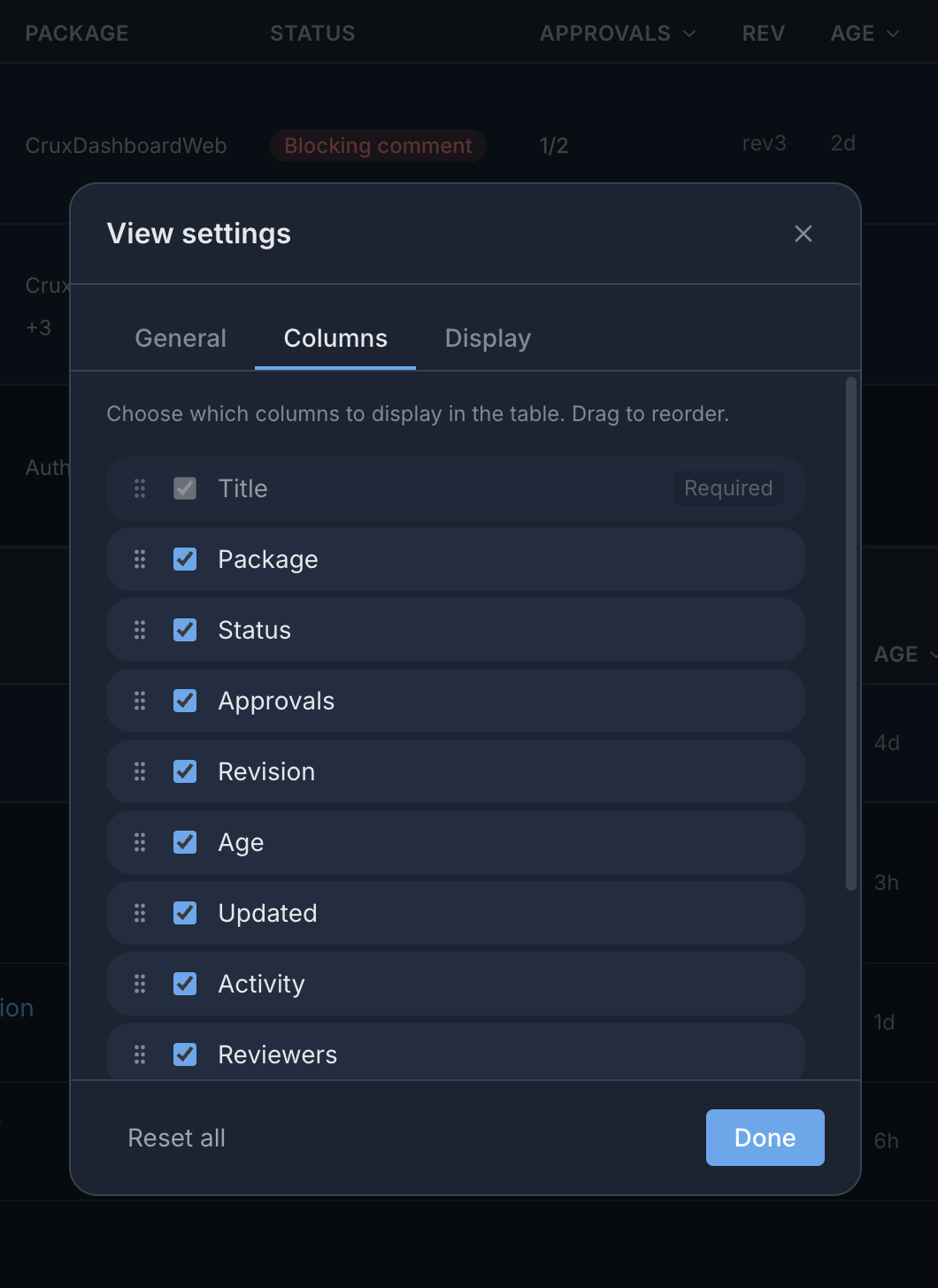 Columns settings tab showing toggles for each table column