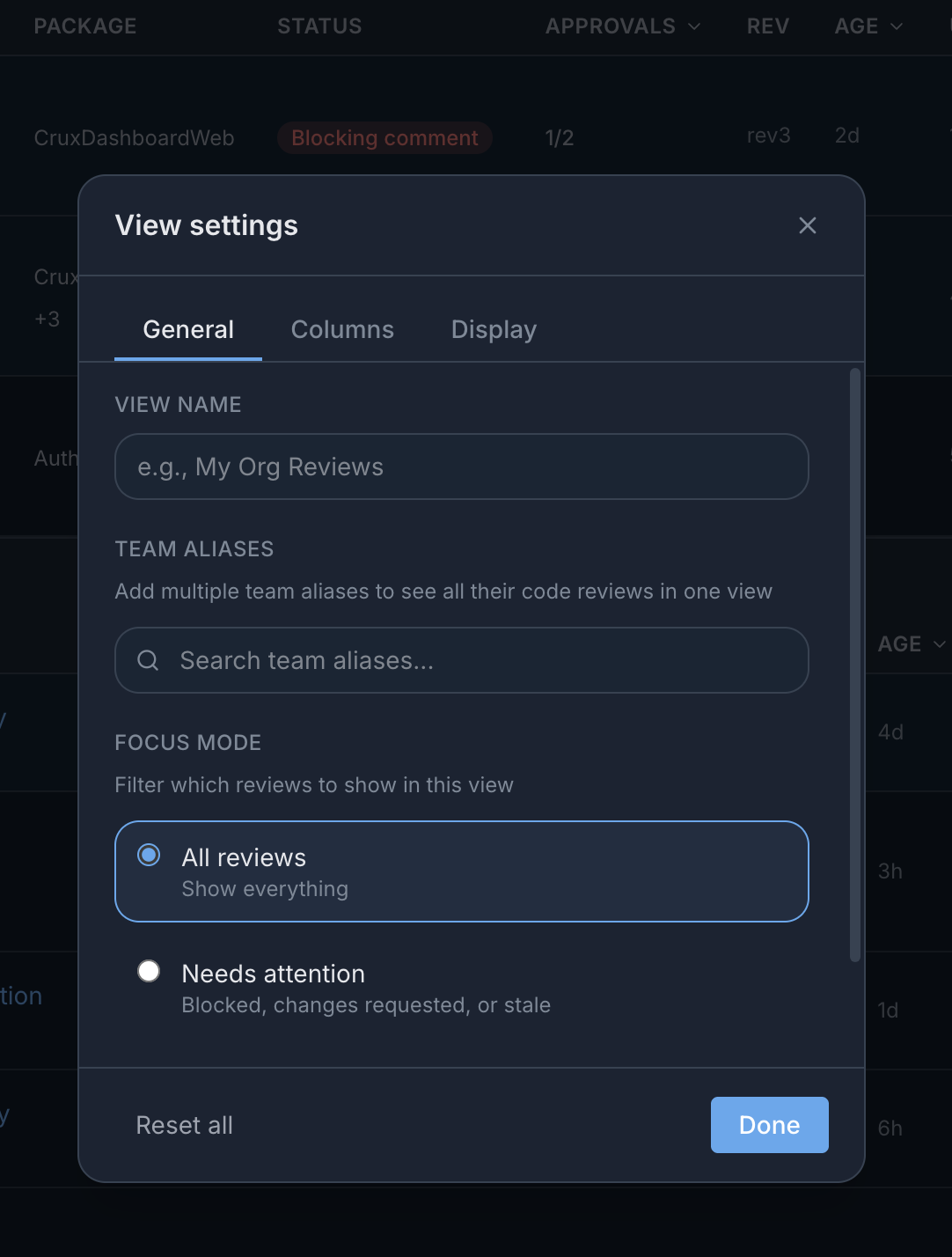 General settings tab showing view name, team aliases search, and focus mode filters