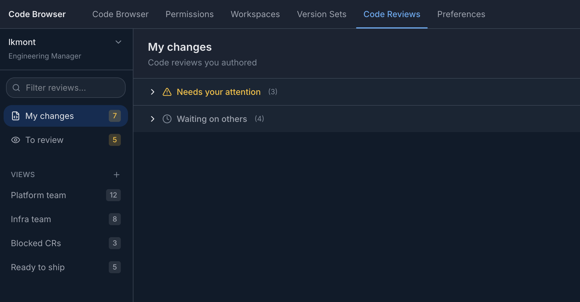 Dashboard structure showing My changes vs To review navigation, saved team views, and the Needs your attention vs Waiting on others split