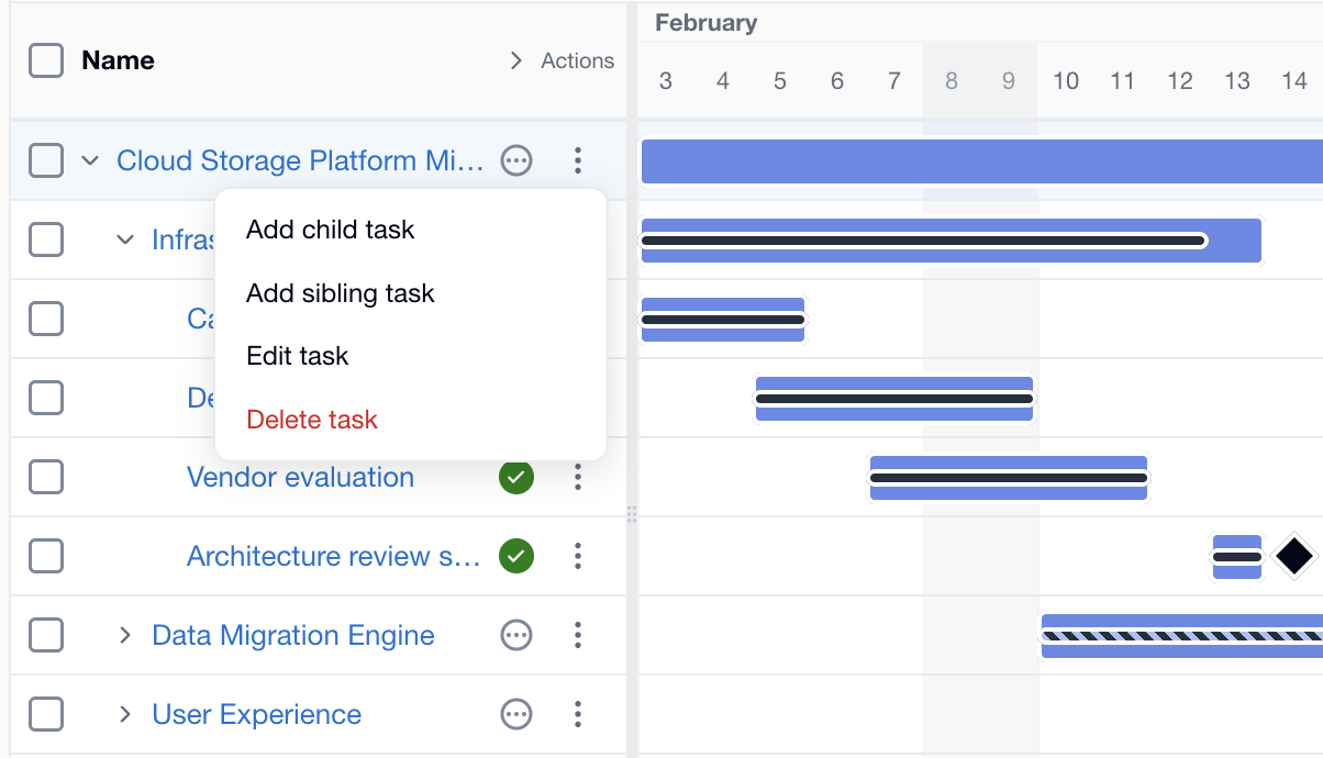 Gantt chart showing context menu with Add child task, Add sibling task, Edit task, and Delete task options