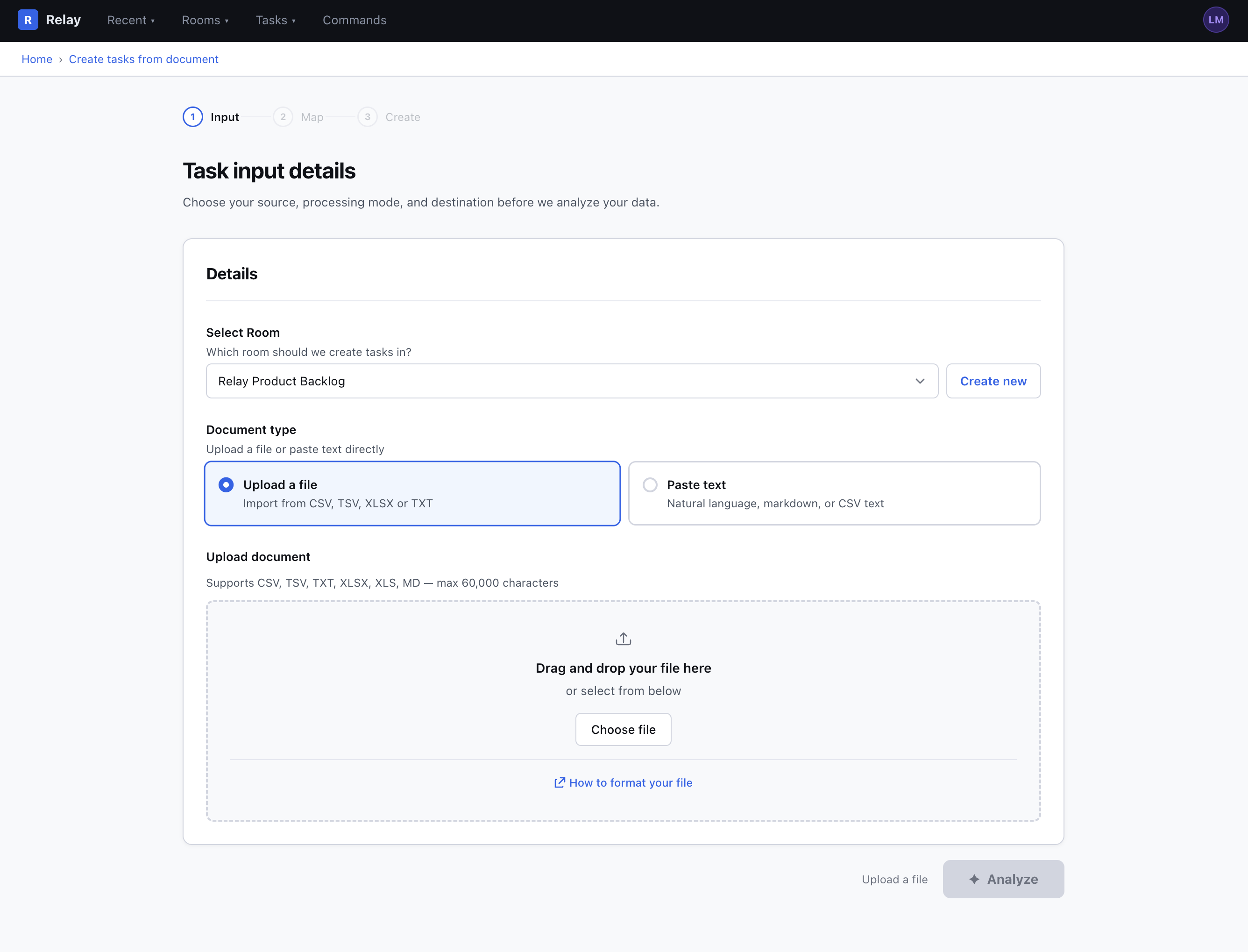 Task input details screen showing adaptive entry point with Upload a file and Paste text options