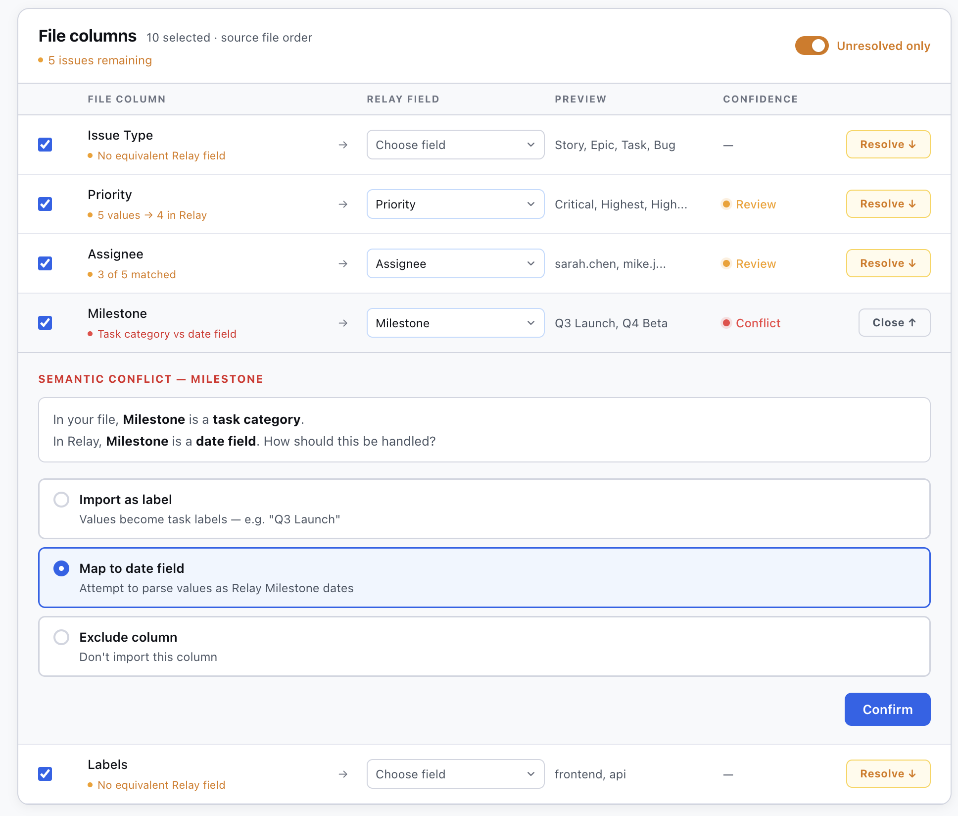 Mapping table with Unresolved only filter enabled showing inline conflict resolution