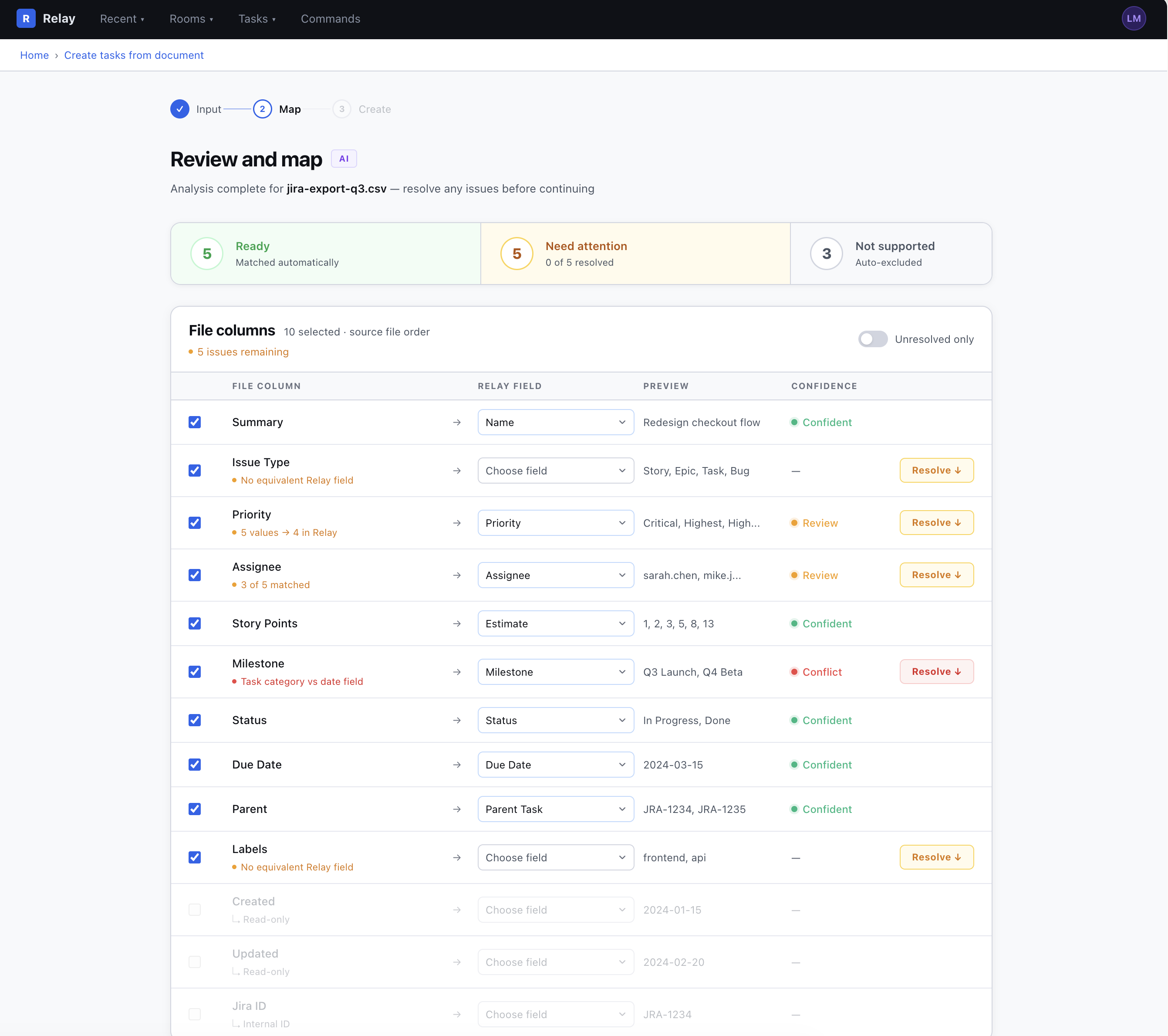 Review and map screen showing the guided multi-step flow with column mapping and confidence indicators