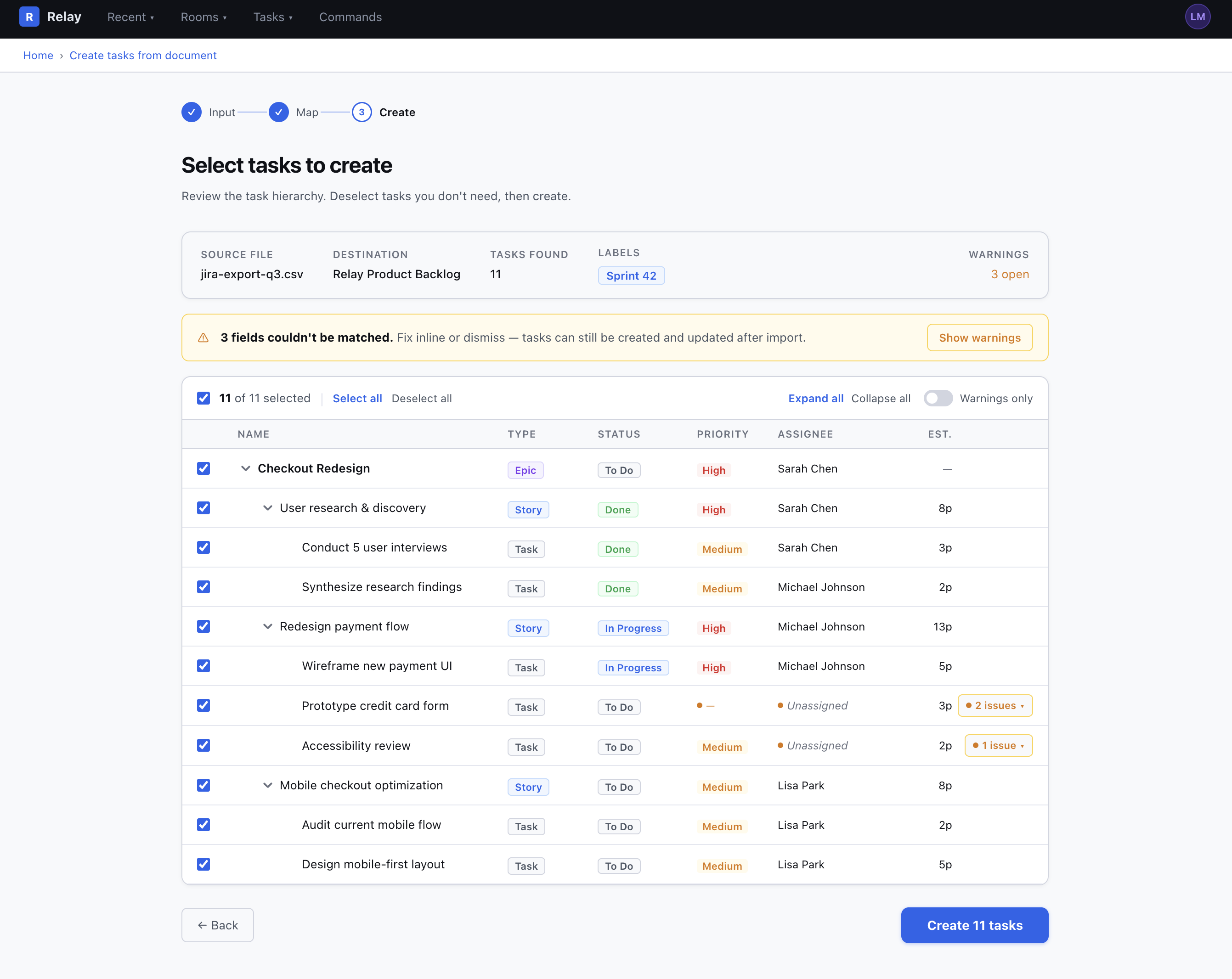 Select tasks to create screen showing 11 tasks ready with per-row issue badges and a Create button
