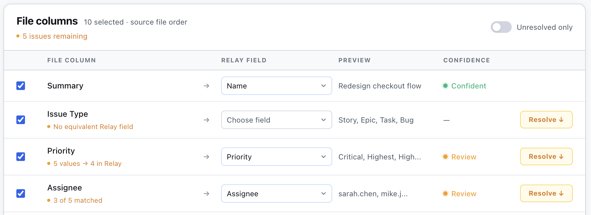 Mapping table with confidence indicators showing Confident, Review, and Resolve buttons