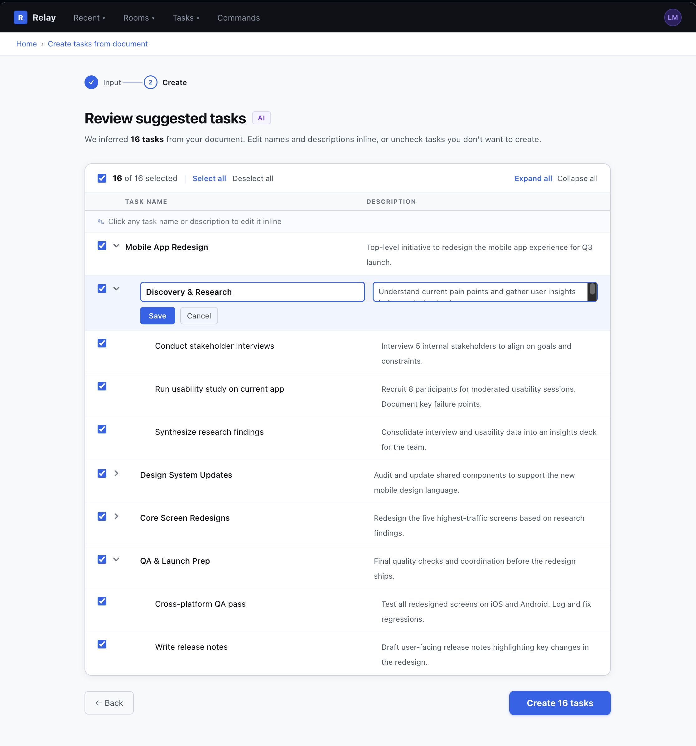 Review suggested tasks screen showing 16 AI-inferred tasks with inline editing