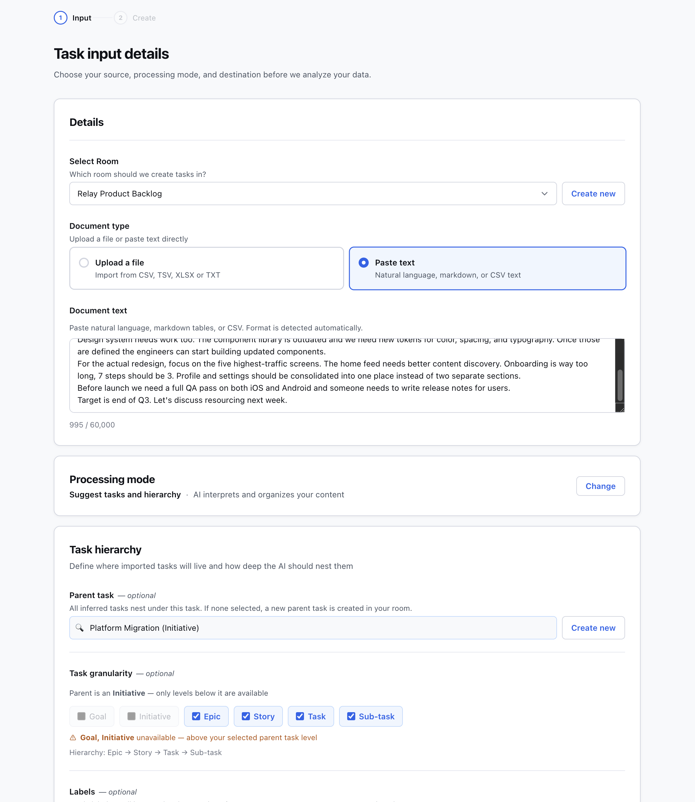 Paste text state - Natural language text with AI-suggested task hierarchy options