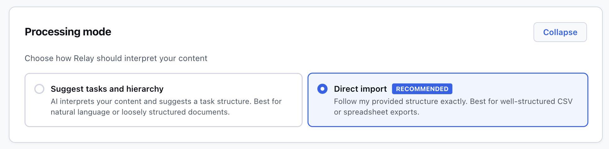 Processing mode options showing Suggest tasks and hierarchy vs Direct import