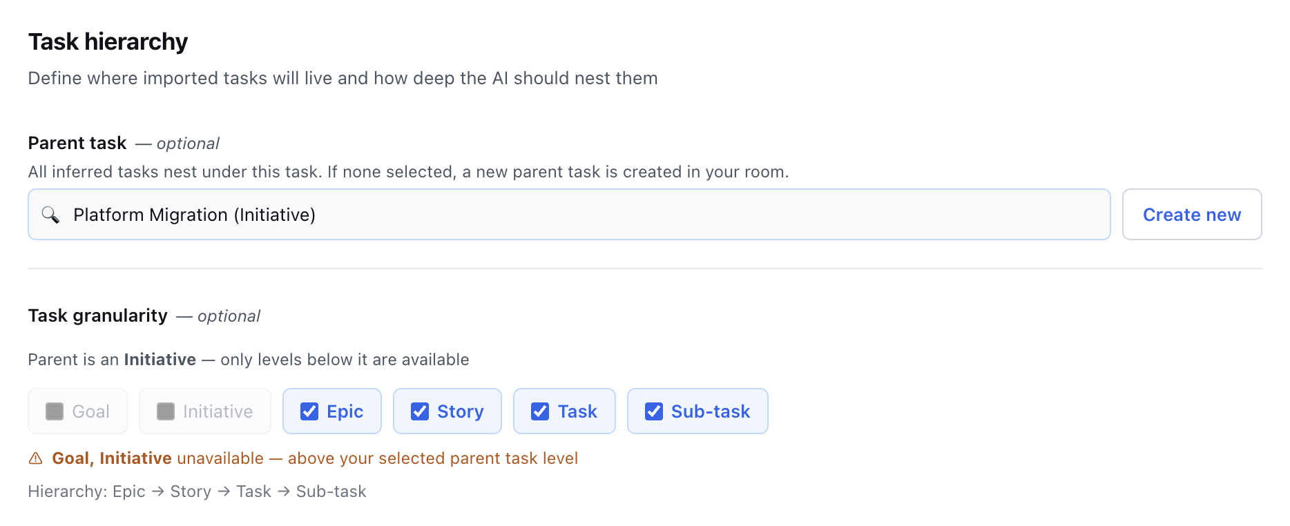 Task hierarchy controls showing disabled levels above the selected parent task