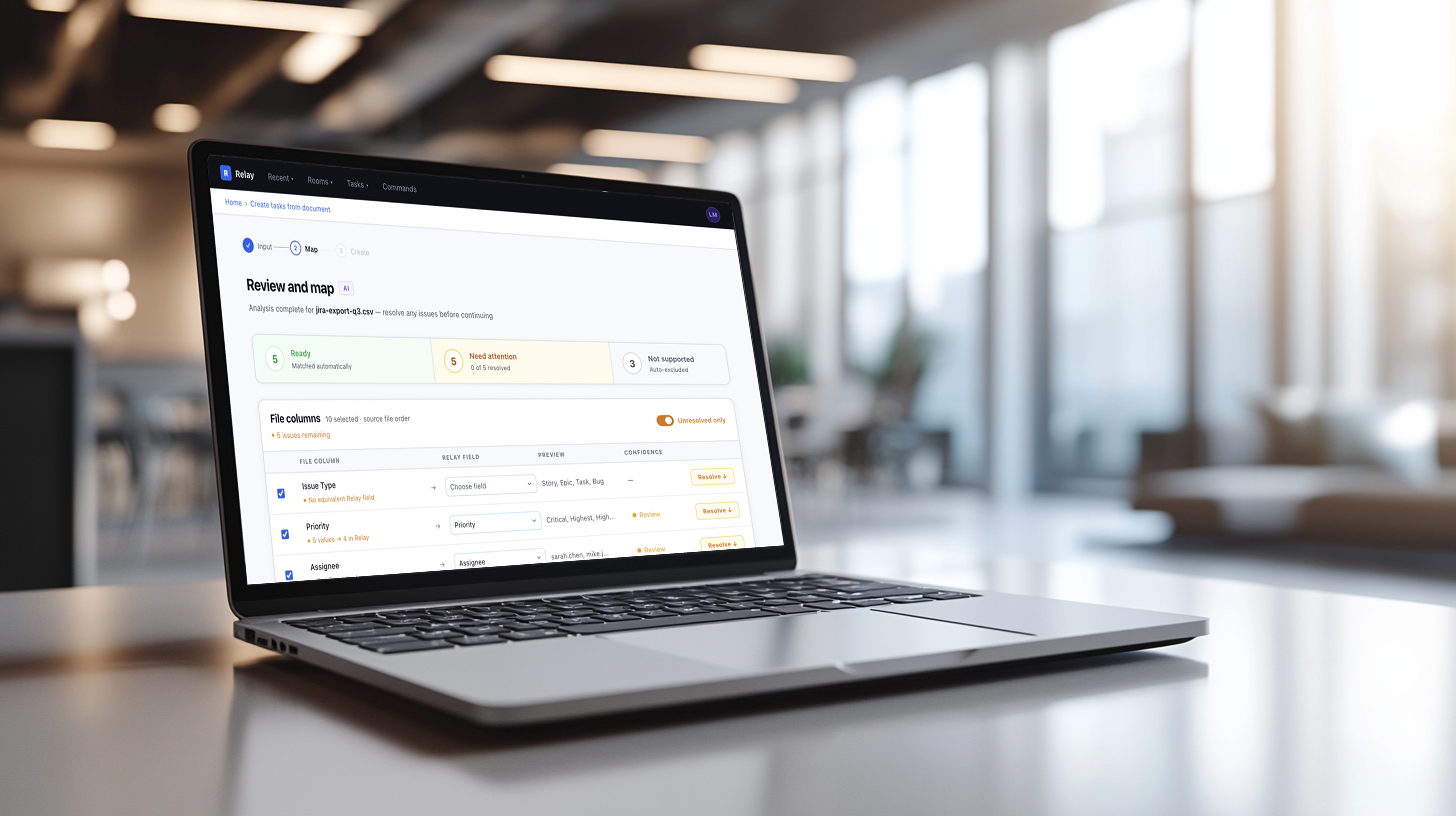 Relay import prototype showing the Review and Map step